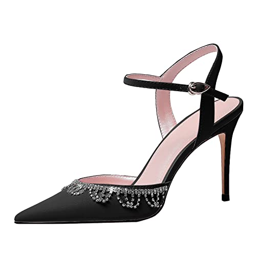 Womens Ankle Strap Heeled Sandals Stiletto High Heel Rhinestone Closed Pointed Toe Bridal Dressy Pumps
