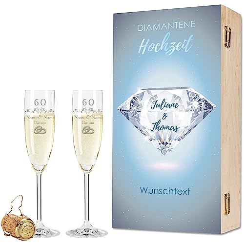 Leonardo - Bicchieri da spumante con incisione – Matrimonio diamantato 60 anni – Personalizzati con nome e data, con scatola di legno, regalo per matrimonio, fidanzamento, anniversario, colore: