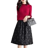 [blue beryl] [ブルーベリル] ドッキング ワンピース レディース 異素材切替 リブニット 花柄 フレア 長袖 チャイナボタン レッド BB023-RD-M