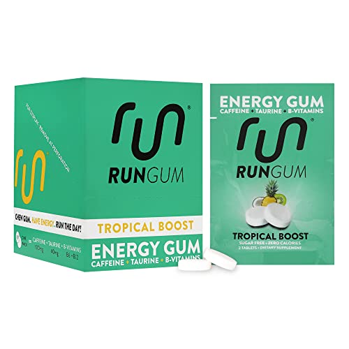 RUN GUM Tropical Boost Energy Chewing Gum 50mg Caffeine Taurine & B-Vitamins Per Piece, 24 Pieces (Pack of 12) Sugar Free, Zero Calorie, No Aspartame, and Gluten Free, 1 ea
