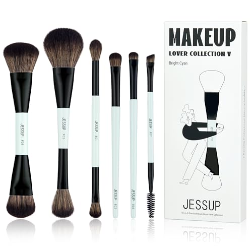 Jessup Makeup Brushes Set 10pcs, Double Sided Foundation Contour Blush Highlight Blending Eyebrow Brush Eyeshadow Eyeliner Concealer Brush, Bright Cyan Cruelty Free Cosmetic Tools T500