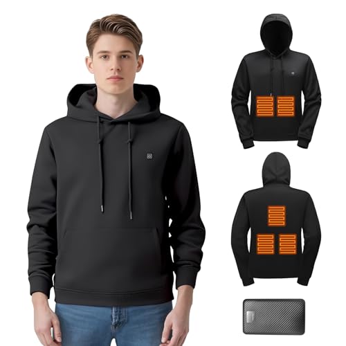 Mens Heated Pullover Hoodie with Battery, Lightweight Electric Heating Hooded Sweatshirt Winter Outdoor Warm Jacket