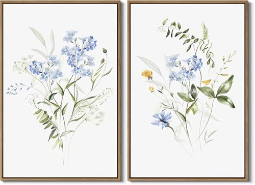 Impression sur toile fleurs bleues et jaunes pour créer un salon zen avec ce tableau floral