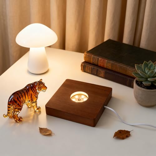 Image of Wooden LED Light Base Display Lighted Base for Crystals - Brown Square Wood Display Lighted Bases Pedestal Stand for Room Office Home Decor