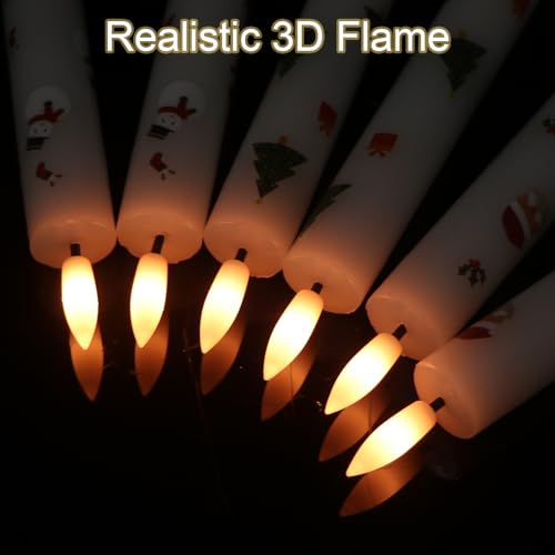 Image of GenSwin 6 Pcs LED Taper Candles with Remote Timer, Christmas Decals, Battery Operated, White Wax, Classic Style, Energy Efficient, 9.6 inch H