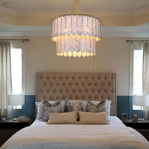 TOCHIC Shell Chandelier Light Fixture, 5-Light Capiz Chandelier Coastal Gold Bathroom Chandeliers Over Tub, Modern Seashell Round Hanging Pendant Lighting for Dining Room Living Room Bedroom Hallway - Image 6
