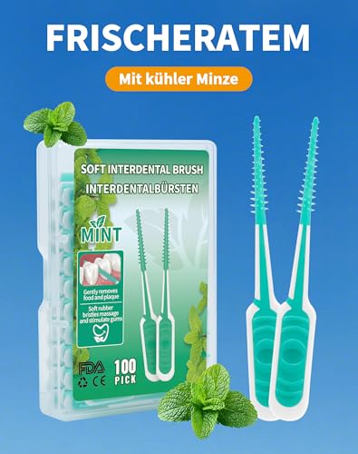 LAOYE 100 Stück SOFT Zahnsticks Minze Dental sticks Mint Interdentalreiniger Interdentalbürsten Silikon Zahnzwischenraumbürste Dentalbürste Dental Picks mit tragbarem Taschenetui