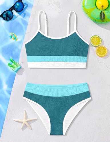 Image of Girls Bathing Suit Color-Block Adjustable Straps Bikini Sets Girls Two Piece Swimsuits with Chest Pad Swimwear 7-18T
