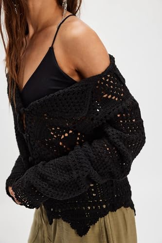 Women's Hollow Out Crochet Tops Open Front Knit Lightweight Long Sleeve Cardigan Sweater Casual Cover Up3