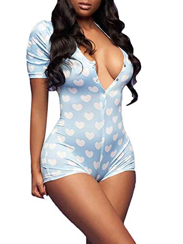 Sunloudy Womens Valentine Romper Sexy V-Neck Long Sleeve Bodycon Short Jumpsuit Butt Flap One Piece Overall Sleepwear (Blue Ivory XL)