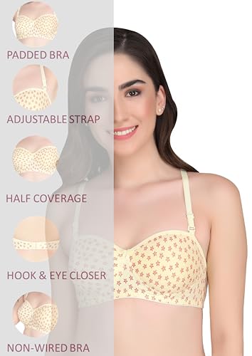 Image of Liigne Printed Half Cup Padded Bra - Made of Pure Cotton Full Coverage Non Wired Seamless Pushup Soft Cup for T-Shirt Saree Dress Sports Garment for Daily Use Everyday