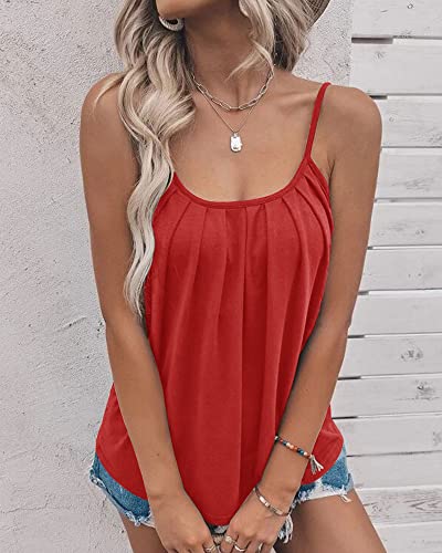 Kaxindeb Women's Casual Spaghetti Strap Tank Tops Pleated Scoop Neck Loose Fit Plain Camisole Shirts Blouses Red #TOP2