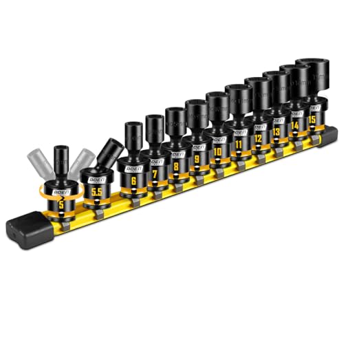 BOEN 12-Piece 1/4 Drive Metric Impact Swivel Socket Set (5-15mm) 6-Point Shallow Wobble Sockets Cr-Mo Steel Includes Storage Rail