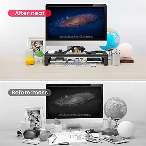 Vaydeer Monitor Stand with Wireless Charging and 4 USB 3.0 Ports, Metal Computer Stand Riser for Desk, Aluminum PC Screen Stand for Office, Laptop, Computer, iMac, Printer up to 32 Inches - Black