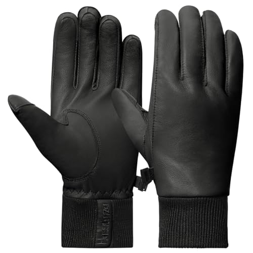 Harssidanzar Herren Lederhandschuhe mit Fleece gefüttert für kaltes Wetter, Winter Warm Goatskin Touchscreen Handschuhe HM002EU,Schwarz, Größe M