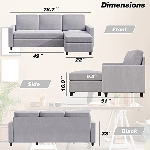JY QAQA Convertible Sectional Sofa Couch with 3-Seat Sofa, L-Shaped Ottoman Couch with Modern Linen Fabric for Small Living Room, Apartment and Small Space(Light Grey) - Thumbnail 2