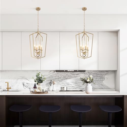 KSANA Gold Chandeliers, Geometric Lantern Pendant Chandelier with Seeded Glass, Modern 4 Light Chandelier Light Fixture for Kitchen Island, Entryway, Foyer by KSANA - Image 3