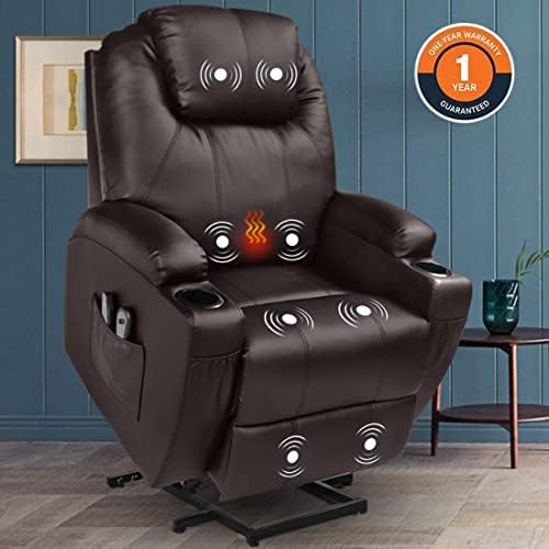 Magic Union Power Lift Chair Electric Recliner Faux Leather Heated Vibration Massage Sofa with Remote Controls Side Pockets for Elderly Catnap (Brown)