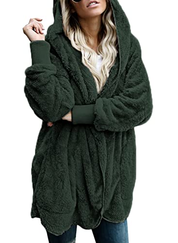 Dokotoo Womens Casual Ladies Fashion Casual Chunky Solid Fuzzy Winter Fall Open Front Long Sleeve Fluffy Hoodies Fleece Cardigan Sweater Jacket Coats Outerwear Green Large