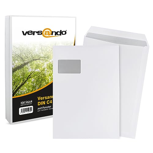 versando 100x Versandtaschen C4 mit Fenster Haftklebend 229 x 324 mm weiß: Briefumschläge für Büro, wichtige Unterlagen, blickdicht, einfach verschließbar