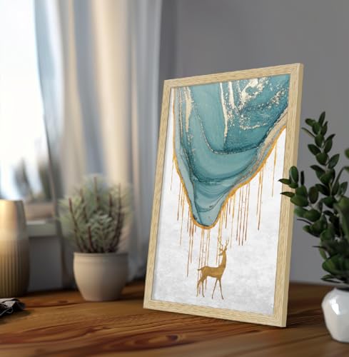 Image of ArtX Paper Golden Deer Paintings with Frame for Home Decor Wall Art, Wall Painting for Living Room, Multicolor, Natural Wood Color Frames, 12.0x18.0 inch, Set of 3