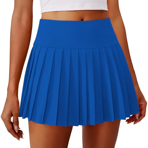 PINSPARK Pleated Skirts for Women High Waisted Tennis Skirt Quick Dry Golf Skort with Skirt Underneath, Royal Blue L