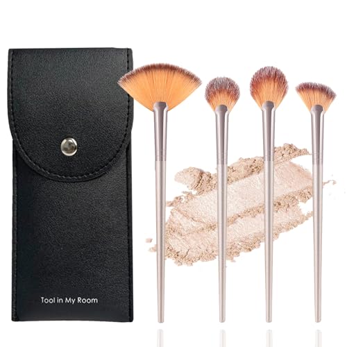 Tool in My Room Highlighter Blush 4 pcs Soft Fan Make Brush Set with Portable Bag, Facial Contour Makeup Brush for Powder Blending Champagne Gold Glow Getter Brush Collection