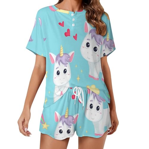 Pyjama short femme licorne bleue contre la chaleur nocturne de l'ete