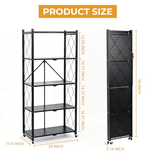 Image of COKIHOM 5 Tier Foldable Storage Shelf with Wheels, Heavy Duty Metal Rolling Shelf Rack, No Assembly Wire Shelving Unit for Kitchen, Books, Living Room, Pantry, Garage, Office, Bedroom, Black