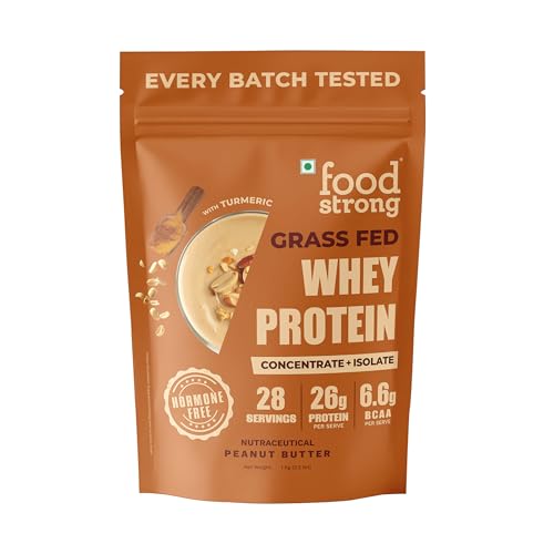 Image of Foodstrong Whey Protein Powder (Concentrate + Isolate), 100% Hormone Free Grass-Fed Whey, 26G Protein & 6.6G BCAA, Peanut Butter, With Turmeric & Digestive Enzymes, 1KG