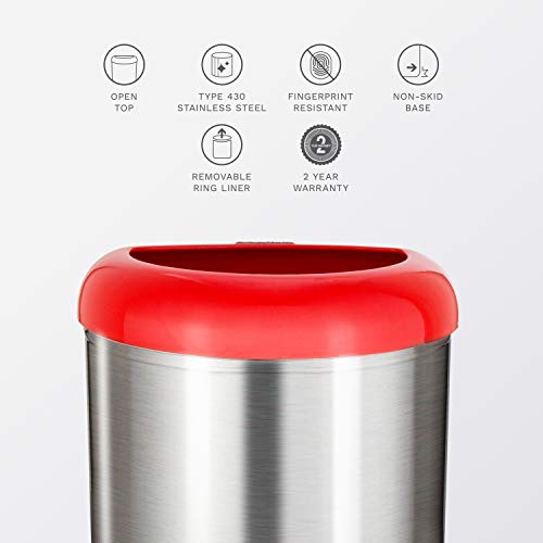 Ninestars Ott-50-19Rd Open Top Office Bathroom Trash Can, 13 Gal 50L, Stainless Steel Base (D Shape, Red Lid) #TOP3