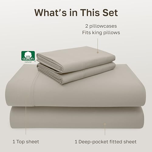 Image of California Design Den Hotel Quality King Bed Sheets Set - Luxury 600 Thread Count Sateen, Natural 100% Cotton King Sheet Set, Fully Elasticized Deep Pockets, Cool and Durable Bedding - Soft Linen