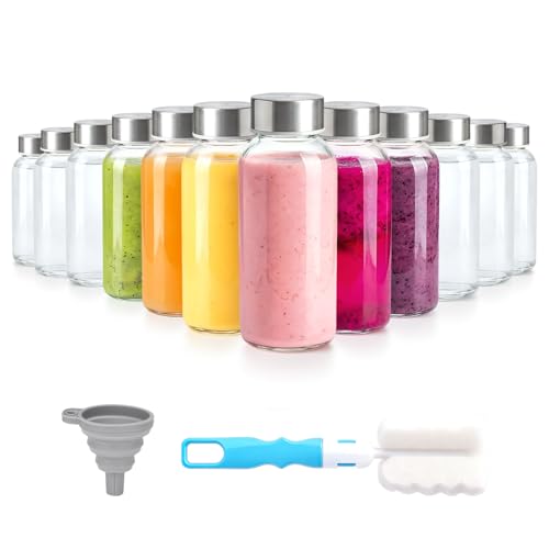 Image of Zukro 8 oz Glass Water Bottles with Lids, Reusable Clear Juice Bottles With Stainless Steel Airtight Cap for Juicing, Ginger Shot, Milk, 250ml Leak Proof Small Smoothie Container, BPA Free, Set of 12