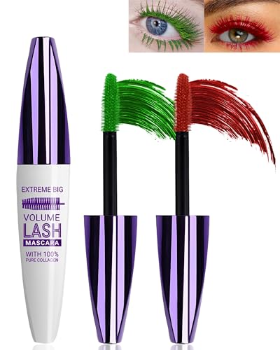 2Pcs Grün Rot 5D Telescopic Mascara for Eyelashes, Waterproof Smudge-proof Long Wear Colored Mascara, Voluminous Curling Non-Clump Wimperntusche, False Lash Extension Makeup für Weihnachten