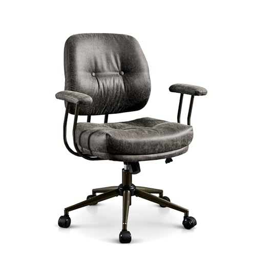 Image of ovios Ergonomic Office Chair, Mid Back Faux Leather Executive Chairs with Thick Cushion, Comfy Mid-Century Modern Swivel Rolling Computer Armchair (Dark Grey, Suede Leather)