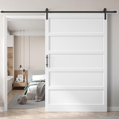 Image of 60x96 Inch White Sliding Barn Door Slab with 10ft Hardware Kit Included, 5-Panel,White Doors for Bedroom