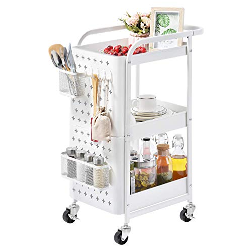 KINGRACK Storage Trolley, 3-Tier Rolling Cart, Utility Cart Metal Shelving with Peg board Hooks Baskets Handles Locking Wheels, Mobile Storage Rack for Kitchen Office Garage Home (White)