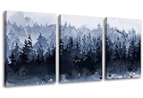 Genius Decor- Living Room Canvas Wall Art Indigo Blue Grey Foggy Forest Painting Print Contemporary...