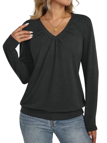 Womens V Neck Long Sleeve Shirts Banded Bottom Pleated Tops Fall Dressy Casual Blouses 2025