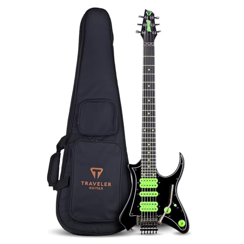 Traveler Guitar Vaibrant V88X Deluxe Electric Guitar for Travel | Small Guitar with Compact Headstock Shape | Full 25.5” Scale Travel Guitar | Portable Mini Guitar with Custom Gig Bag, Cosmic Black