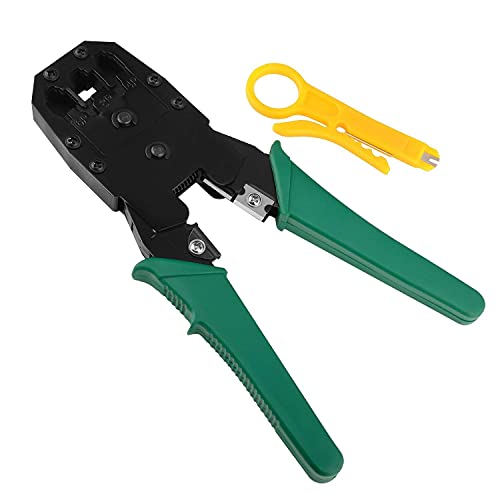 Image of 3-in-1 RJ45 RJ12 RJ11 Crimping Tool with Cutter & Stripper - Heavy Duty Ethernet LAN Cable Crimper for CAT5 /CAT5e /CAT6 UTP Network Wires (Black-Green)