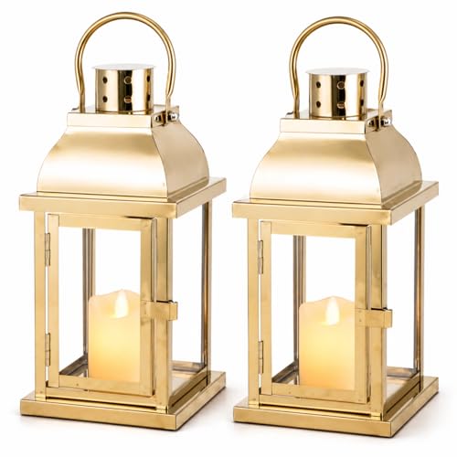 Image of Set of 2 Gold Candle Lanterns, 25cm High Large Size – Decorative Wedding Table Lantern, Vintage Metal Candle Holders with Glass for Indoor Outdoor Garden Patio Romantic Decor