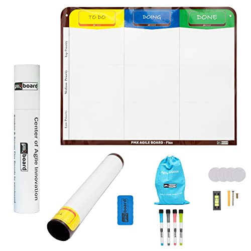 PMXBOARD 3 Column Kanban Board, Full Magnetic Dry Erase Scrum Board, Flexible Wall-Mount Agile Whiteboard for Task Tracking, Project Planning, Home Office Team Workflow, 4 Markers & Eraser