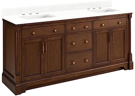 Signature Hardware 484377 Claudia 72" Double Basin Vanity Set with Mahogany Cabinet, Marble Vanity Top and Rectangular Undermount Sink - 8" Faucet Holes