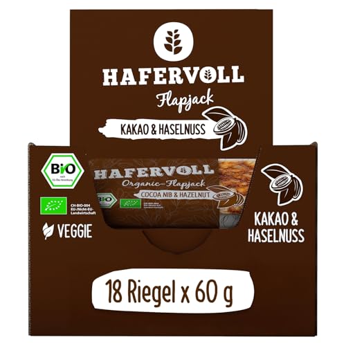 HAFERVOLL Organic Flapjack Cacoa Nib & Hazelnut, 18 x 60 g Müsliriegel - Bio-zertifiziert, mit Honig ohne Zusatz von Zucker, Hafer, im Ofen gebacken