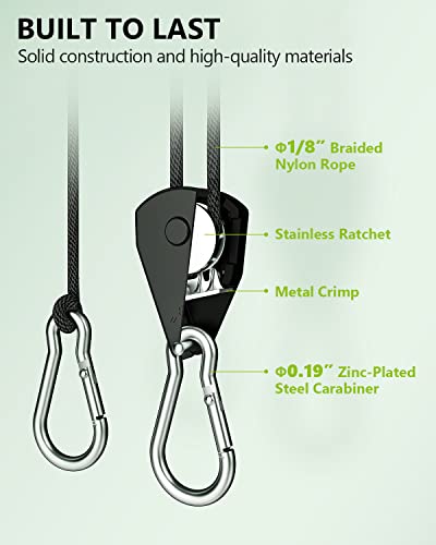 Staygrow 2 Pairs Of Adjustable 1/8" Rope Ratchet Hangers, Heavy-Duty Tie-Down Ratcheting Strap With Stainless Steel Gears & Hooks, 300 Lbs Combined Weight Capacity Per 4-Pack #TOP1