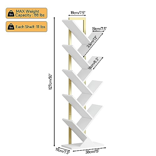 Yusong Tree Bookshelf, Geometric Bookcase with Steel Pipe for Living Room Bedroom, Floor Standing Books Shelves for Home Office (Gold and White) - Image 4