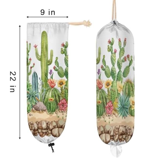 Colorful Cartoon Cactus Plastic Bag Holder Summer Succulent Theme Washable Grocery Bag Organizer for Plastic Bag Reusable Storage Dispenser for Kitchen