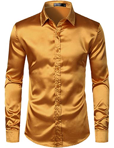 Image of ZEROYAA Men's Luxury Printed Silk Like Satin Button Down Dress Shirt for Party Prom