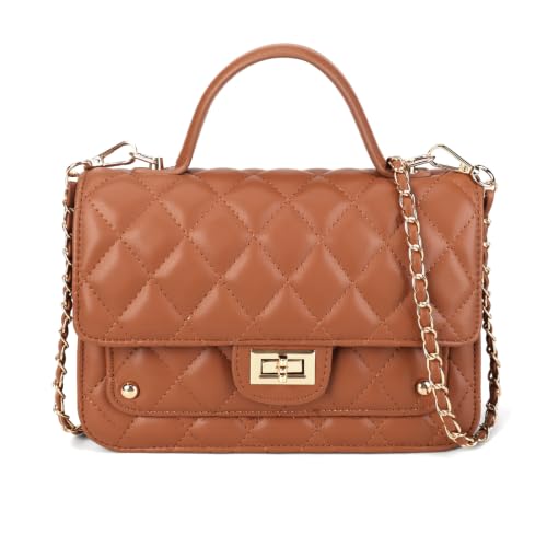 LAVTUG Small Quilted Crossbody Bag for Women, Brown Vegan Leather Purse